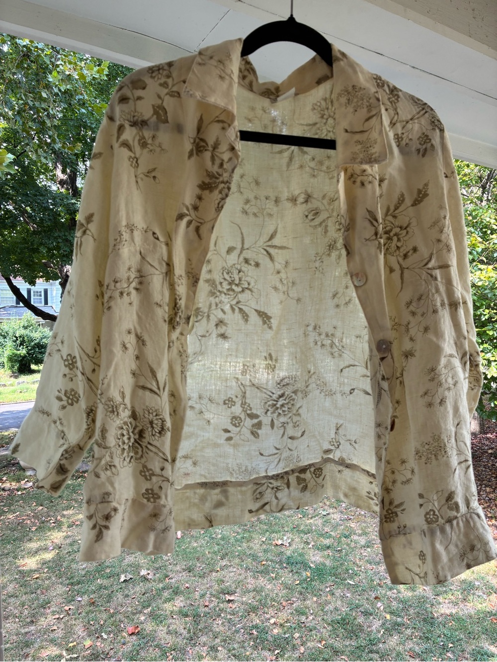 Vintage Women's Cream Floral Button-Front 100% Linen Shirt Jacket